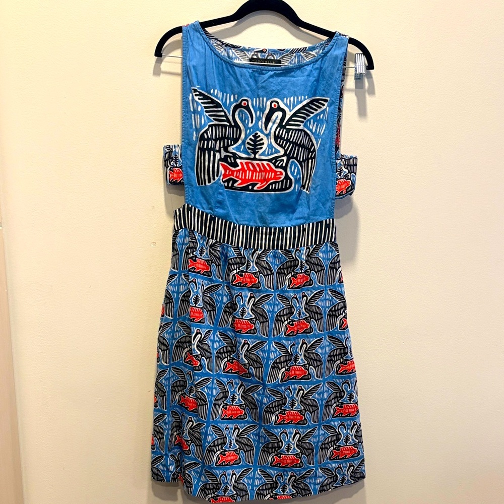 Blue Patterned Sleeveless Dress with Red Accent